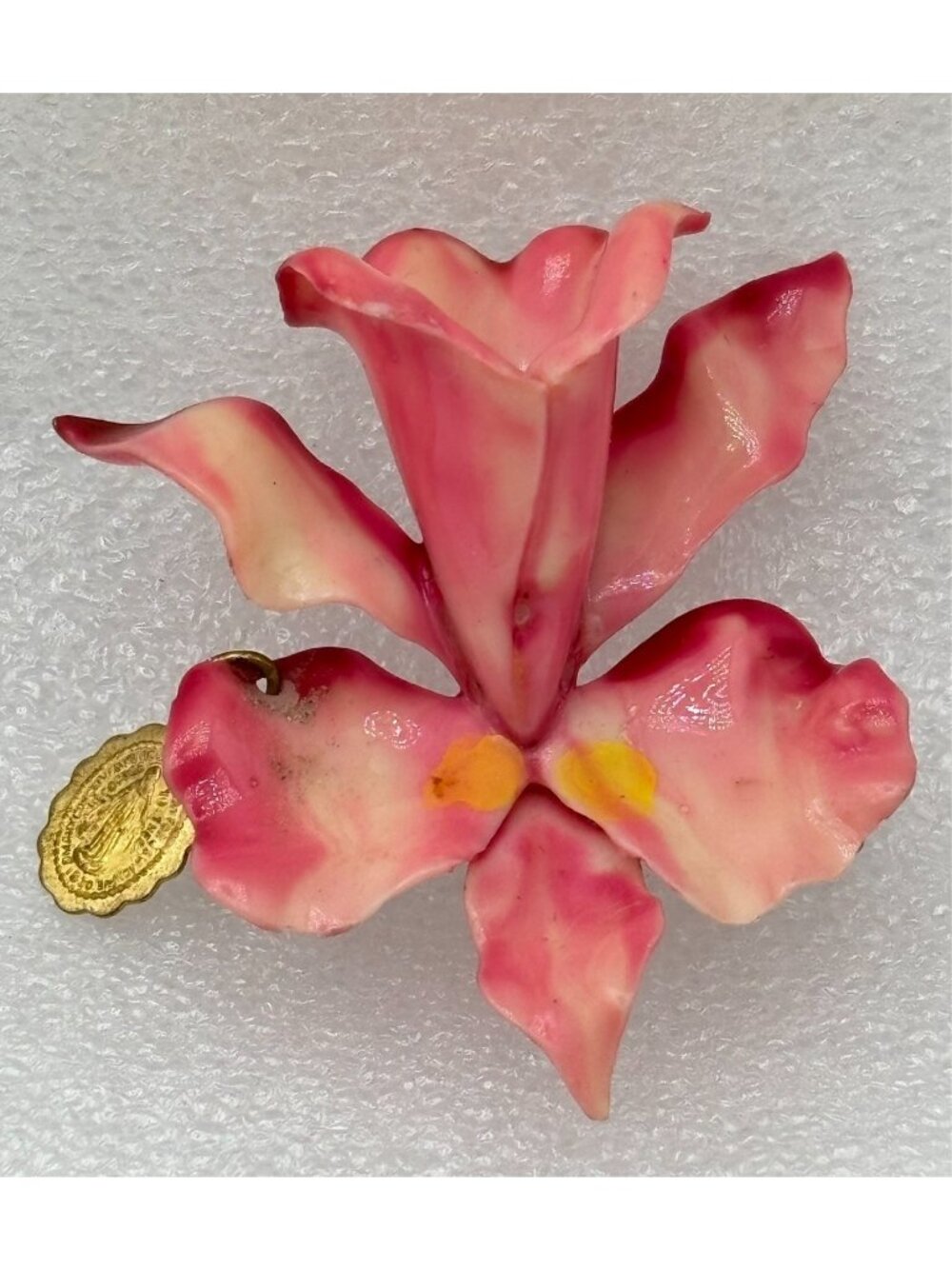 1960s Celluloid Hand Crafted Orchid Brooch Gold Tone Miraculous Medal
